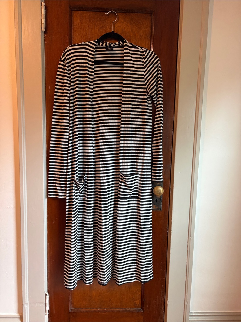 Women’s Black and White Striped Long Cardigan Duster